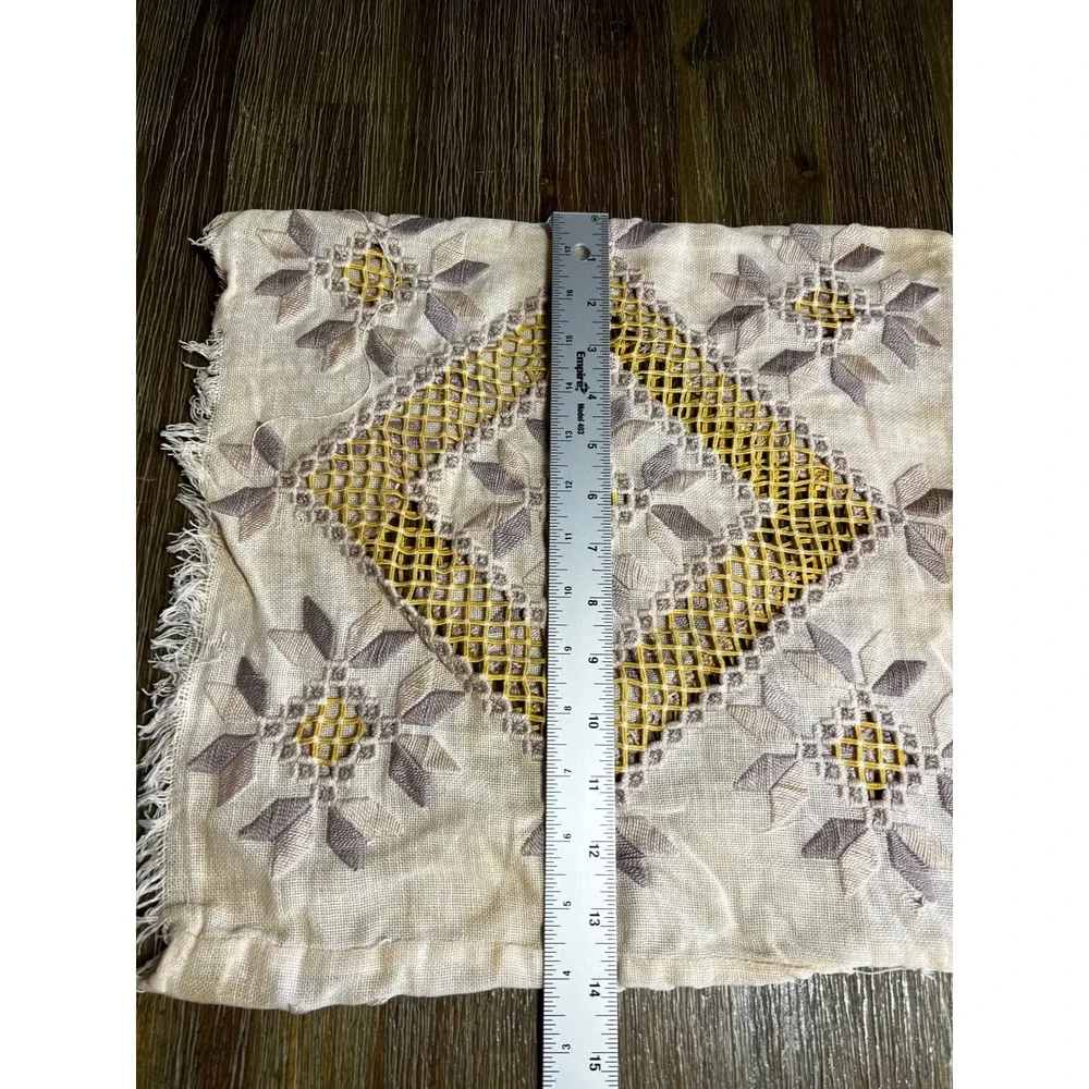Vintage Hand Embroidered Linen Doily Cutwork Floral Geometric Cream Purple 14x13